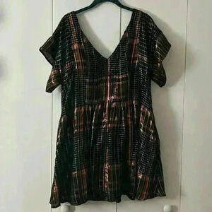 Free people plaid, baby doll dress metallic black rose gold